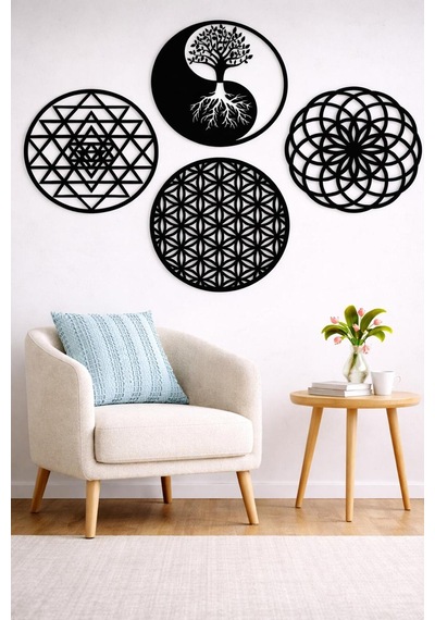Yaşam Çiçeği, Sri Yantra, Torus Ve Yin Yang Yaşam Ağacı 4'lü Set Duvar Tablosu