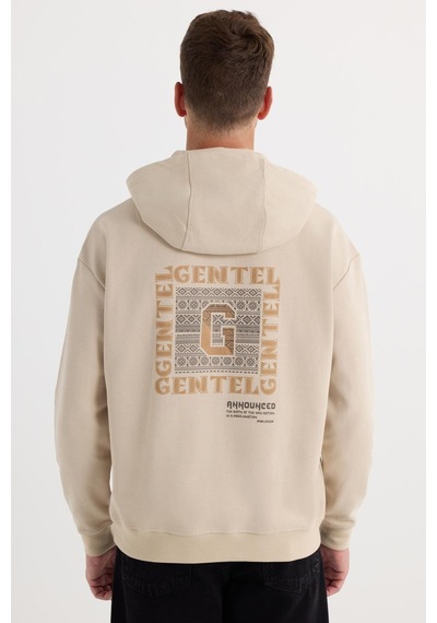 Tudors Erkek Oversize Geniş Kesim Pamuklu Baskılı Bej Kapüşonlu Sweatshirt-37296 Bej