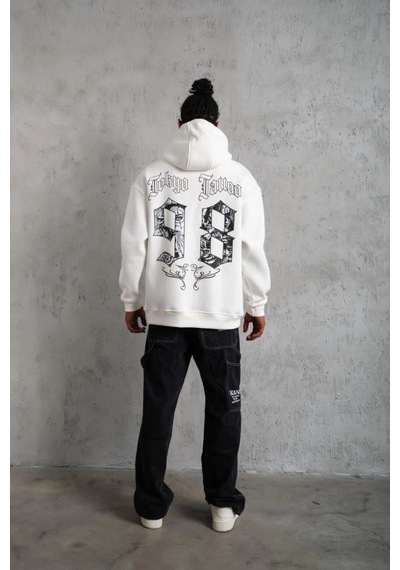 Mbb E-ticaret Erkek 98 Baskılı Kapşonlu 3 İplik Pamuklu Sweatshirt Hoodie - Beyaz