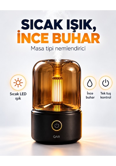 Mum Alevi Efektli Aroma Difüzör Dekoratif Hava Nemlendirici Sıcak Işıklı Dokunmatik Tuşlu Masaüstü Buhar Makinesi Siyah