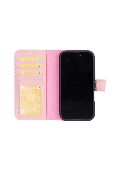 Plm Apple İphone 16 Plus Uyumlu, Hakiki Deri, El Yapımı, Cüzdanlı Kılıf, Toz Pembe Acı Kahverengi