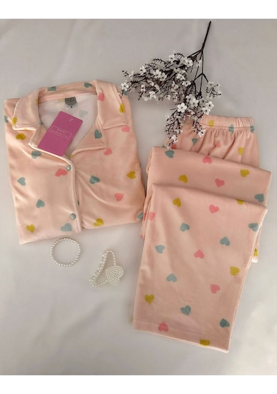 Mh Moony Homewears Rengarenk Kalpli Yumuşacık Kışlık Kadife Pijama Takımı Çok Renkli