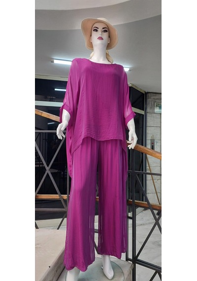 Bohem Stil İtalyan Yarasa Kol İpek Bluz & Pantolon Takım-8767 Fuşya