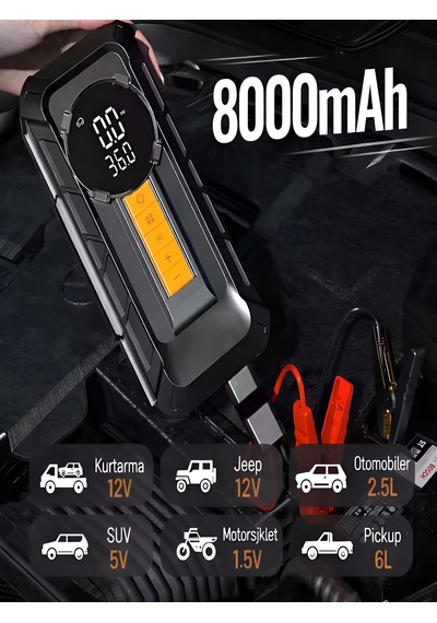 8000mah 1000a Akü Takviyeli Kompresör 150 Psı Çift Dijital Ekran Led Fenerli Hava Pompası Siyah - Abs+