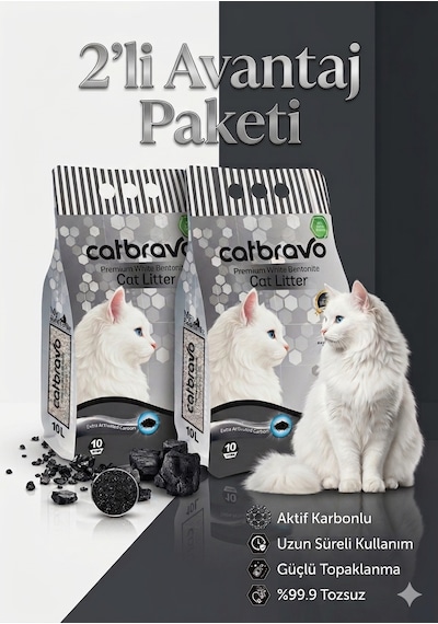 Catbravo Doğal Bentonite- Süper Topaklanan Aktif Karbonlu Kedi Kumu 10 Lt X 2 Adet