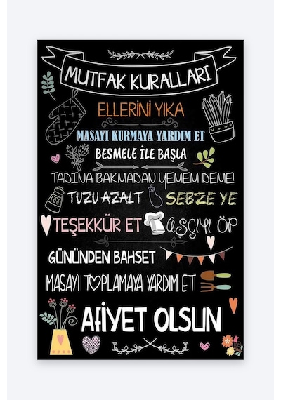 Tam Renk Mutfak Kuralları Dekoratif Kanvas Duvar Tablosu Metalik