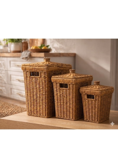 3 Lü Set 3 Boy Hasır Kapaklı Kare Patates Soğan Mutfak Sunum Sebzelik Örgü Sepeti Dekor Şemsiyelik Çok Amaçlı Açık Ahşap