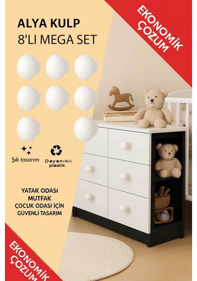 Alya Kulp Beyaz 8 Adet Mobilya Dolapyatak Odası Şifonyer Genç Ve Çocuk Odası Kulpu Beyaz