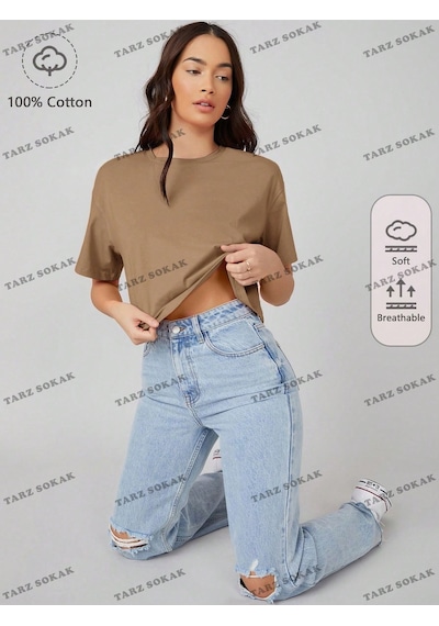 Flood Of Style Crop Ckod-232913 Pamuk Damla Omuz Düz Kısa Kahverengi