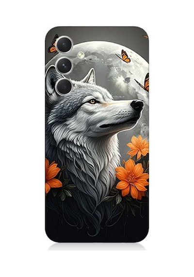 Samsung Galaxy A54 Uyumlu Ay Çiçeğinde Kurt Güzelliği Desenli Silikon Kılıf Çok Renkli