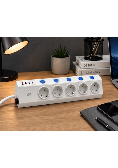 5'li Akım Korumalı Çoklu Priz 2 Metre Kablolu 3680w 16a 5 Bağımsız Anahtarlı 2 Usb-a 2 Usb-c Pd 20w Hızlı Şarj Destekli 2 m