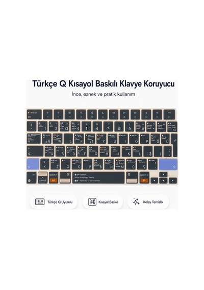 Macbook Air 13.6 İnç M2 M3 M4 M5 A2681 A3113 A3240 A3449 Uyumlu Türkçe Q Kısayollu Klavye Koruyucu