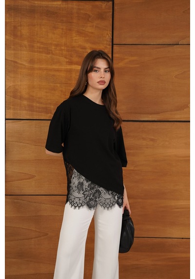 Verymoda Dantel Detaylı Asimetrik Tişört D2953 Siyah