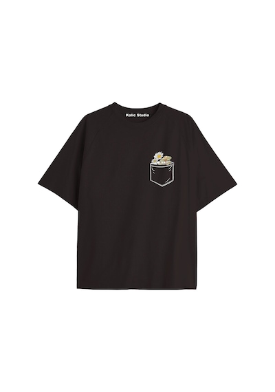 Kalic Studio Kadın Çiçek Özel Baskılı Renkli Oversize Penye Pamuklu Bisiklet Yaka T-shirt Siyah-13