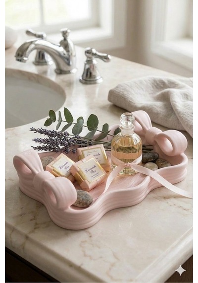 Fiyonk Detaylı Estetik Dekoratif Tepsi - 3d Baskı Modern Takı Ve Makyaj Organizeri 15x22 Cm Pembe