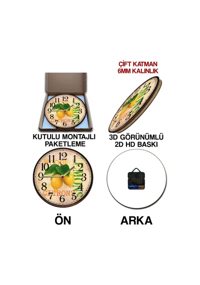 Vintage Limon Temalı Mdf Duvar Saati Fransız Tarzı Dekoratif Sessiz Saat Kuvars Sdw2017 Renkli
