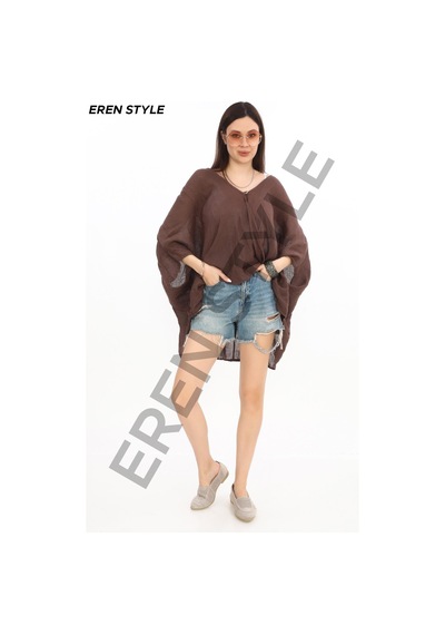 Eren Style Bohem Kuruvaze Tek Düğmeli Keten Bluz-9884 Kahverengi