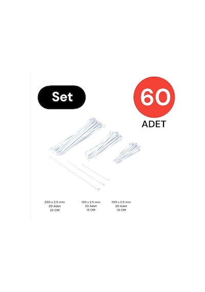 Tek-iş Plastik Kablo Bağı Klipsi Cırt Kelepçe Set 100-150-250 X 2.5 Mm Beyaz 20 X 3 60 Adet