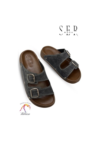 Sermoda Erkek Terlik - Çift Toka Ayarlanabilir Esnek Taban Deri Erkek Terlik T Füme