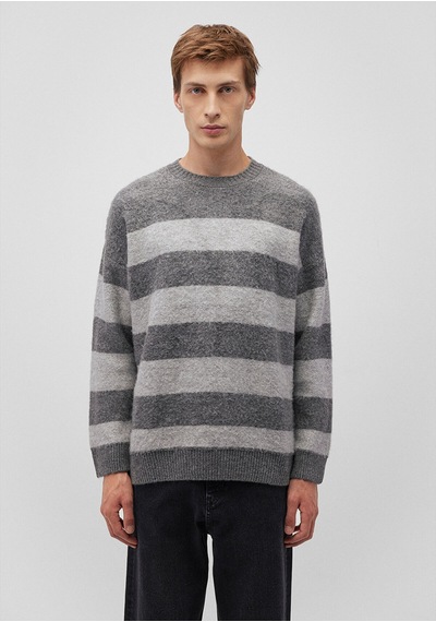 Mavi Çizgili Gri Kazak Oversize / Geniş Kesim 0710231-80024 Gri