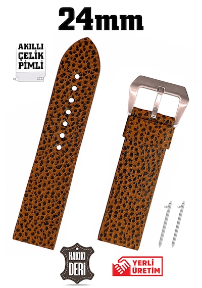 24mm Kahverengi Leopar Desenli Spor Hakiki Deri Saat Kordonu Kayış Akıllı Pimli Rose Gold