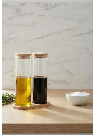 Bambu Standlı 2'li Borosilikat Cam Yağdanlık Şeffaf - 831535337 Şeffaf