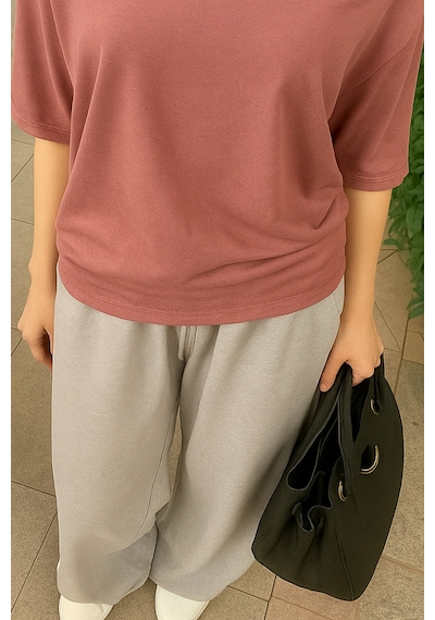 Pudra Kadın Düşük Omuz Kayık Yaka Oversize T-shirt Pudra