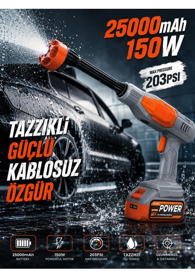 203psı Basınçlı Oto Yıkama Makinesi 25000mah Çift Batarya 150w 6in1 Çantalı Kablosuz Gri