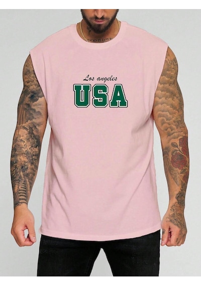 Usa Baskılı Kolsuz Tişört Pembe