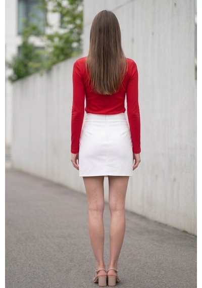 Kadın Kırmızı Cut Out Bluz Uzun Kollu Fit Kalıp Göğüs Dekolteli Modern Şık Üst Bluz