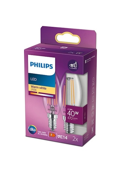 Philips LED Classic Şeffaf Filament Mum Ampul 4.3W 470 Lum 2700K Sarı Işık B35 E14 (40W) 2'li Paket