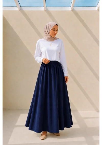Kadın Lacivert Cepli Beli Lastikli Poplin Uzun Etek 90 Cm