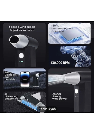 Fan - Toz Ve Kar Temizliği İçin Yüksek Hızlı, Sessiz Çalışma, Usb Şarj Edilebilir,130.000 Rpm Turbo