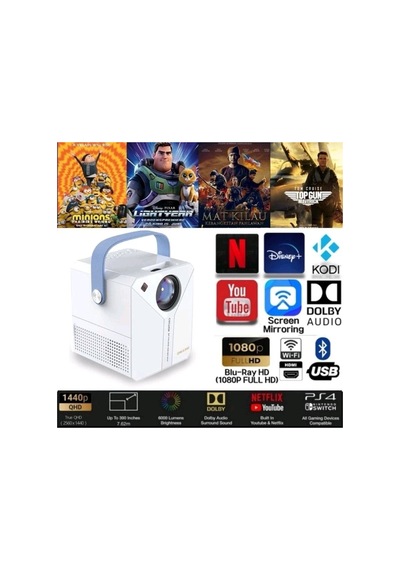 Android 4k Ultra Hd Wifi Projeksiyon Cihazı Usb Hdmi Tf Card Girişli Dahili Hoparlör Ekran Yansıtma