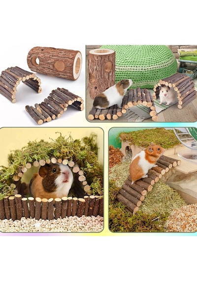 3lü Set Doğal Ahşap Merdiven Köprüsü Ve Orman Içi Boş Ağaç Gövdesi Hamster Egzersiz Kampı