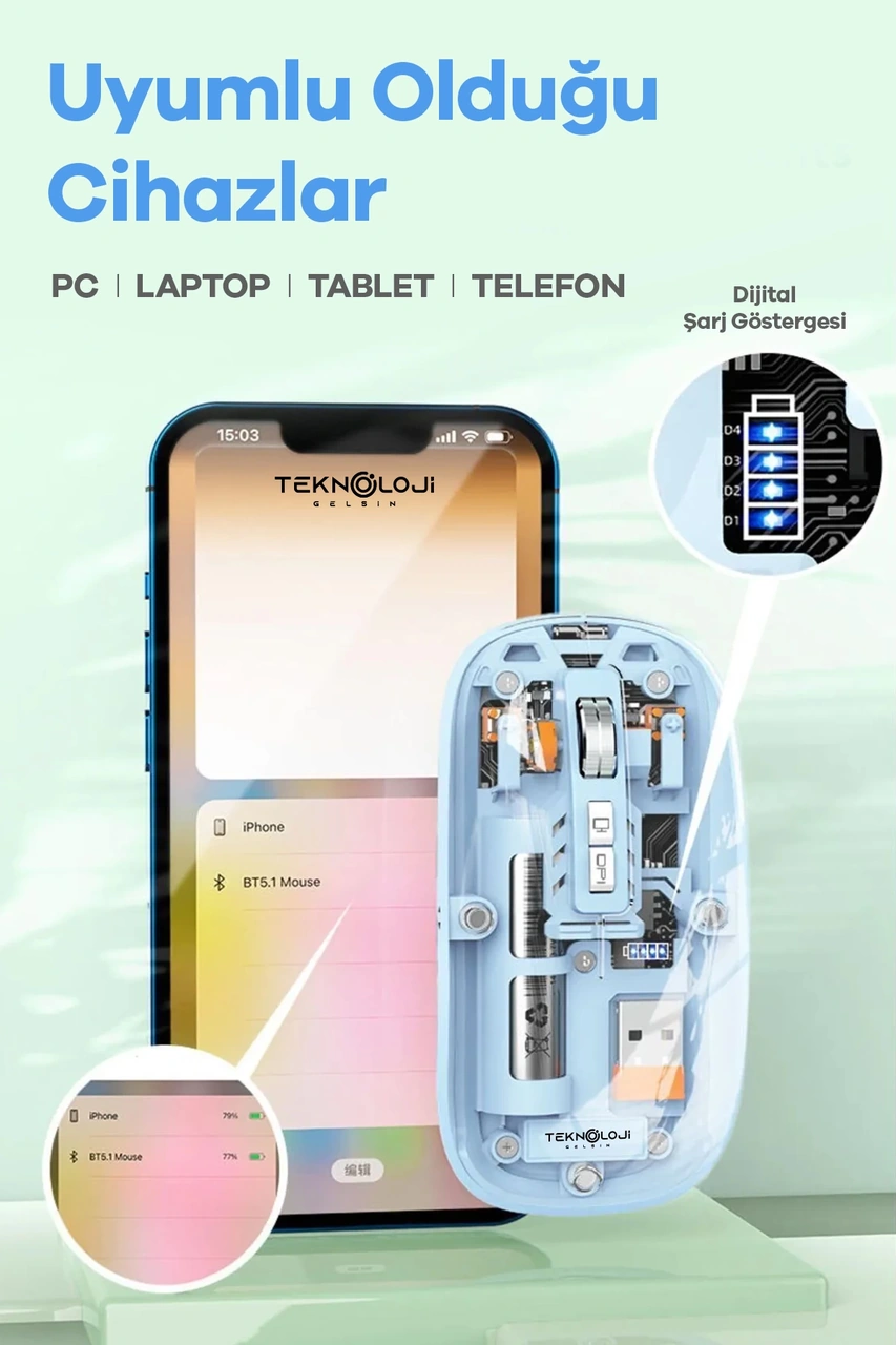 Bluetooth Usb Çift Modlu Sessiz Mouse, Şeffaf Mıknatıslı Kapaklı, Type-c Şarjlı, Dpı Ayarlı, Kablosuz 10m Çekim Mesafeli Diğer