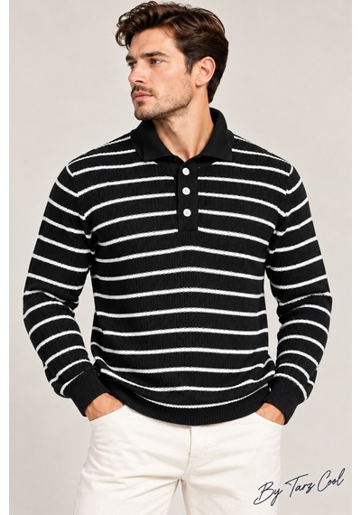 Cool Tarz Erkek Çizgili Polo Yaka Triko Kazak Slim Fit Uzun Kollu Pamuk Akrilik Karışımlı Siyah Siyah