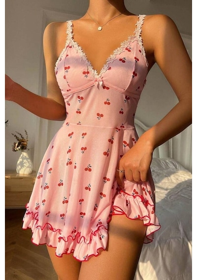 Bella Notte Romantik Pembe Kiraz Baskılı Askılı Tanga Ve Gecelik
