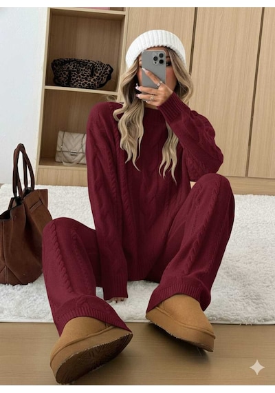 Sayzen Your Shine Saç Örgülü Kazak Pantolon Triko Takim Systkm01 Bordo