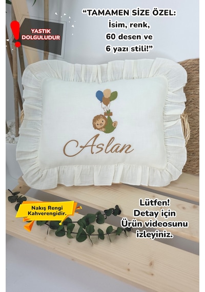 Gros Shop Müslin Yeni Doğan 4katlı Organik %100pamuk Kişiye Özgü Nakışlı Hastane Çıkış Seti-aslan Model Ekru