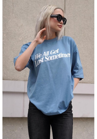 Madmext Mavi Baskılı Oversize Tişört Mg1532-mavi Mavi
