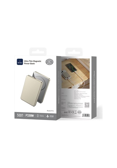 Wiwu P15 Led Işık Göstergeli Ultra İnce Pd 20w Kablosuz Powerbank 5000mah 15w Titanyum-gold