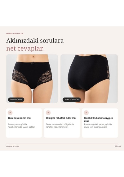 Genel Kadın Pamuklu 3'lü Yüksek Bel Güpürlü Bato Külot Siyah Ten Yanları Dantelli Günlük Ve Rahat İç Çam