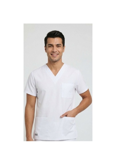 Tek Üst Beyaz Unisex Doktor Ve Hemşire Forması Scrubs Likralı Yarasa Kol