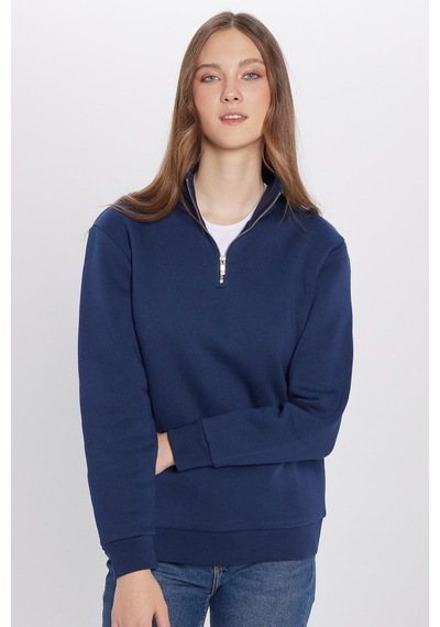 Tudors Unisex Relax Fit Rahat Kesim Pamuklu İçi Polarlı Yarım Fermuarlı Lacivert Dik Yaka Sweatshirt-31450 Lacivert