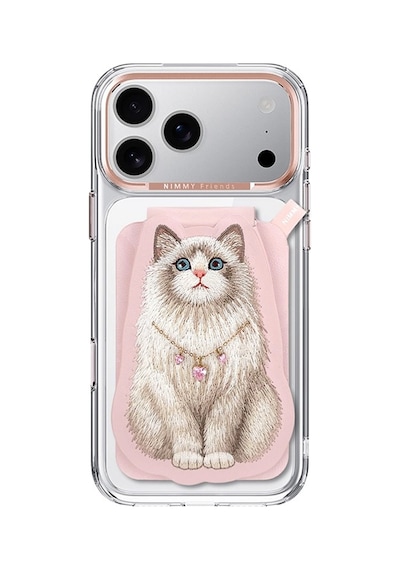 Manyetik Standlı İphone 18 Pro Max Uyumlu 3d Nakışlı Kedili Değiştirilebilir Kartlıklı Kılıf Pembe