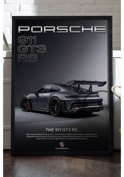 Porsche 911 Gt3 Rs Siyah Ahşap Çerçeveli Poster, Dekoratif Araba Duvar Tablosu