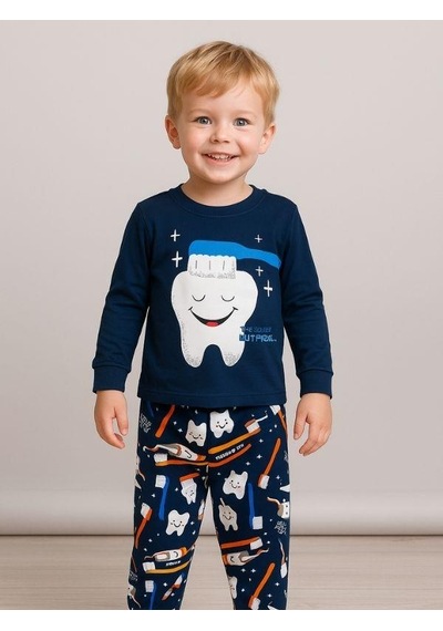 Zekids Erkek Çocuk Pamuklu Diş Baskılı Pijama Takımı-16050 Lacivert