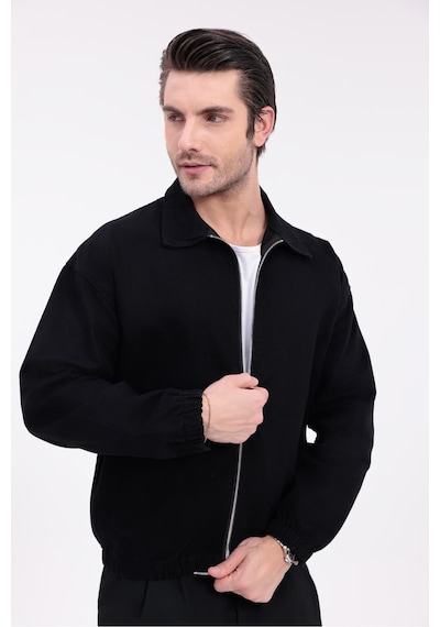 Erkek Gabardin Kumaş Fermuarlı Oversize Mevsimlik Ceket-144 Siyah