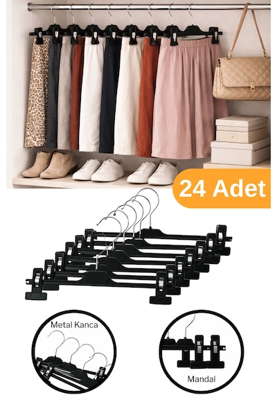 Esti 24 Adet - Ayarlanabilir Mandallı Etek & Pantolon Askısı Dolap İçi Elbise Askısı Kahverengi